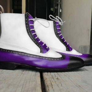 New Men's Handmade Purple Black White Ankle High Leather Lace Up Wing Tip Brogue Boot