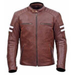 New Mens Burgundy Striped Motorbike Racing Cowhide Leather Jacket Safety Pads