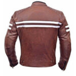 New Mens Burgundy Striped Motorbike Racing Cowhide Leather Jacket Safety Pads