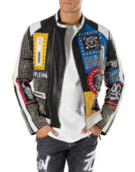 New Philipp Plein Multicolor Full Studded Embroidery Patches Leather Jacket Mens