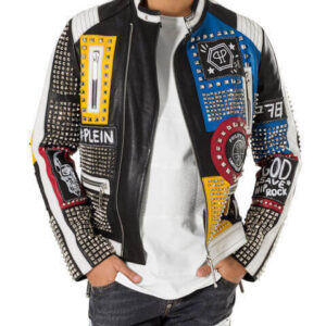 New Philipp Plein Multicolor Full Studded Embroidery Patches Leather Jacket Mens