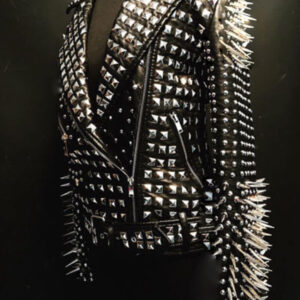 Woman Full Black Rock Punk Silver Long Spiked Studded Leather Brando Jacket