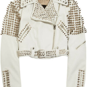 New Woman Full White Punk Brando Spiked Studded Leather Jacket