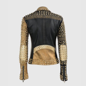 New Woman Punk Brando PP Full Golden Studded Black Biker Cowhide Leather Jacket - leathersguru