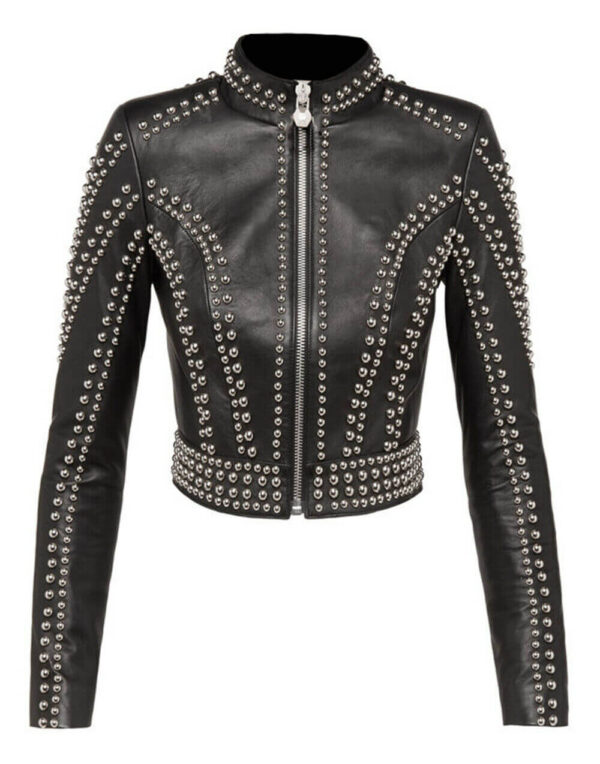 New Women Black Silver Studded Punk Vintage Biker Brando Style Leather Jacket - leathersguru