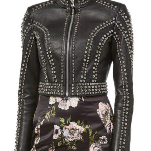 New Women Black Silver Studded Punk Vintage Biker Brando Style Leather Jacket - leathersguru