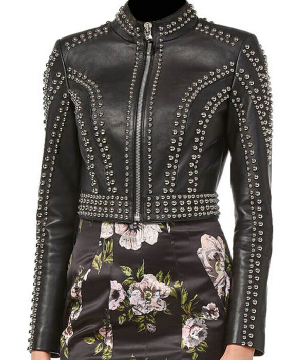 New Women Black Silver Studded Punk Vintage Biker Brando Style Leather Jacket - leathersguru