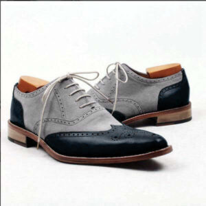 Bespoke Gray Black Leather Wing Tip Lace Up Shoe for Men - leathersguru