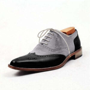 Bespoke Gray Black Leather Wing Tip Lace Up Shoe for Men - leathersguru