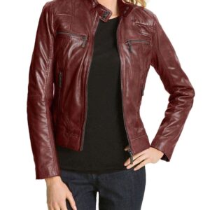 Hollywood Collection Soft Leather Biker Burgundy Jacket For Women - leathersguru