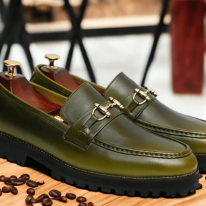 New Handmade Men's Olive Green Chunky Sole Shoes, Slip On Loafer Shoes