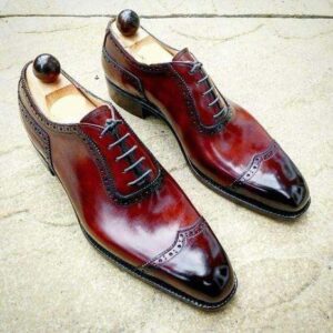 Handmade Two Tone Burgundy Wing Tip Classic Shoe - leathersguru