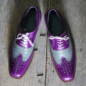 Men's Handmade Purple & Gray Wing Tip Brogue Lace Up Leather Shoes