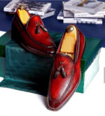 Handmade Red Leather Casual Tussles Loafers Men's Shoes