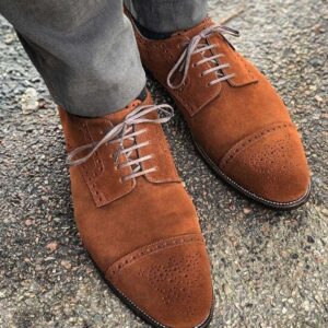 Handmade Tan Suede Cap Toe Brogue Shoes - leathersguru