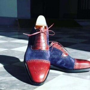 Handmade Burgundy Blue Cap Toe Leather Suede Shoe - leathersguru