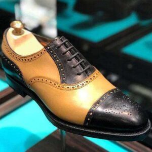 Handmade Tan Black Cap Toe Brogue Leather Shoes - leathersguru
