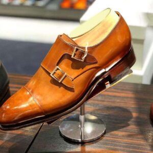 Handmade Tan Leather Double Monk Shoes - leathersguru