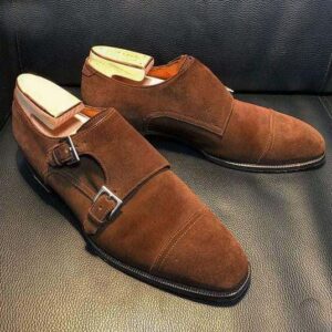 Handmade Brown Suede Double Monk Cap Toe Shoe - leathersguru