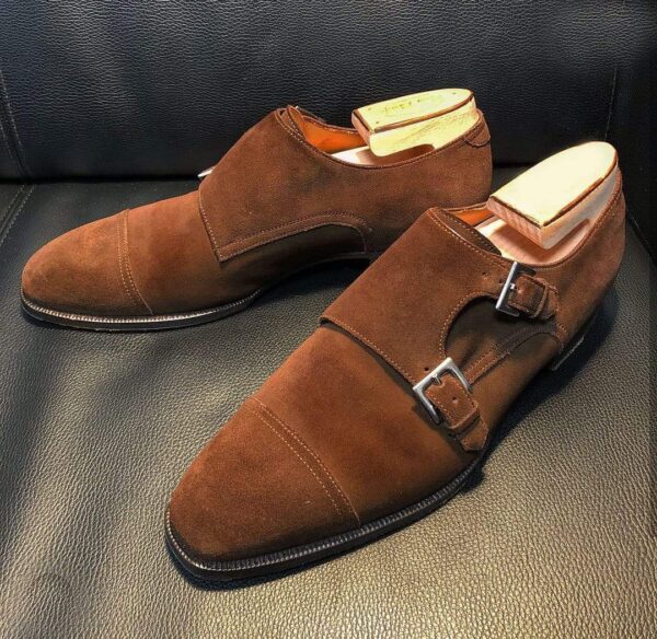 Handmade Brown Suede Double Monk Cap Toe Shoe - leathersguru