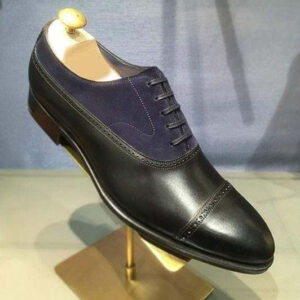 Handmade Black Navy Blue Cap Toe Leather Suede Shoe - leathersguru