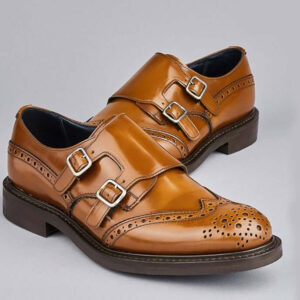 Bespoke Tan Leather Monk Strap Wing Tip Shoe For Men's - leathersguru