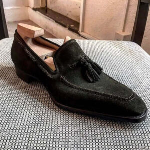 Bespoke Black Square Toe Suede Tussles Shoes for Men - leathersguru