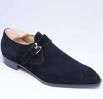 Handmade Navy Blue Suede Monk Strap Shoes - leathersguru