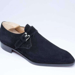 Handmade Navy Blue Suede Monk Strap Shoes - leathersguru