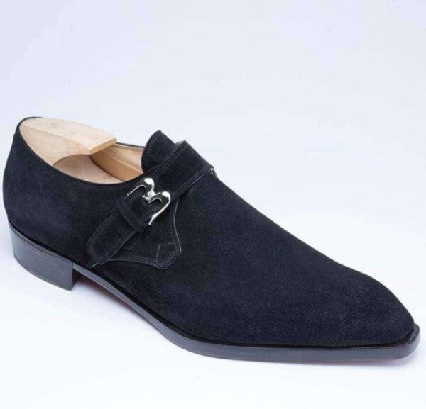 Handmade Navy Blue Suede Monk Strap Shoes - leathersguru