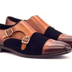 Men's Black Brown Leather Suede Monk Strap Cap Toe Shoes - leathersguru