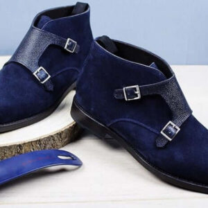 Blue Double Monk Strap Boot,Men's Suede Boot