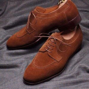 Men's Suede Tan Round Toe Shoes - leathersguru