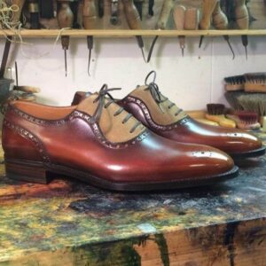 Handmade Beige Brown Leather Suede Brogue Shoe - leathersguru