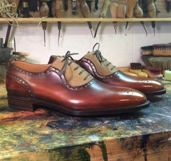 Handmade Beige Brown Leather Suede Brogue Shoe - leathersguru