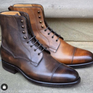 Handmade Ankle Brown Cap Toe Pebbled Leather Lace Up Leather Boot - leathersguru