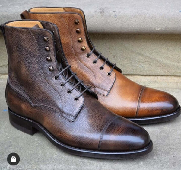 Handmade Ankle Brown Cap Toe Pebbled Leather Lace Up Leather Boot - leathersguru