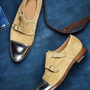 Handmade Black Beige Double Monk Shoe - leathersguru