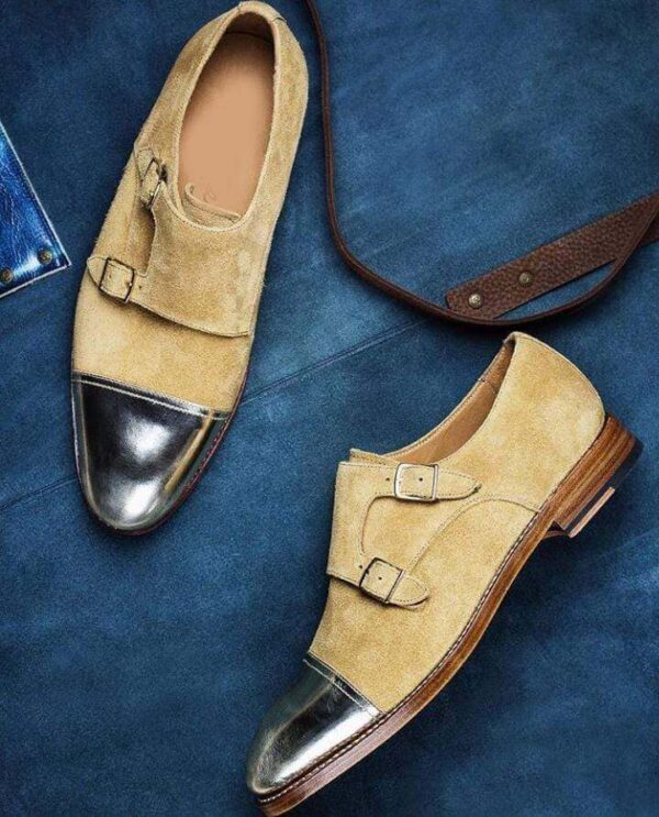 Handmade Black Beige Double Monk Shoe - leathersguru