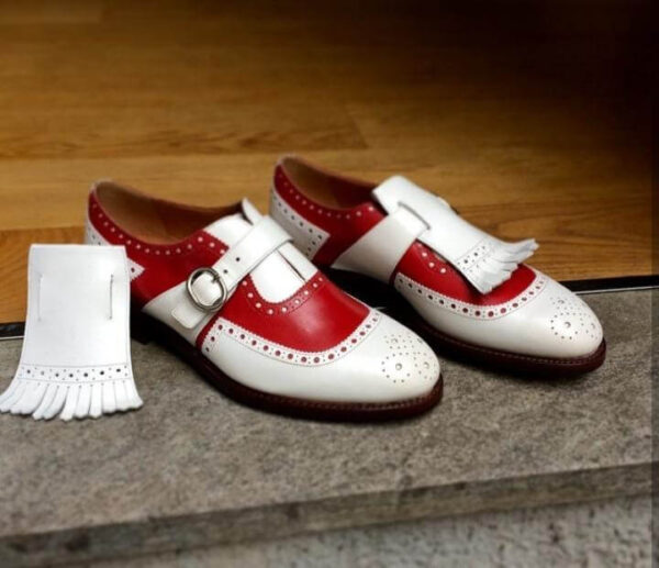 Handmade Red White Monk Loafers Shoes - leathersguru