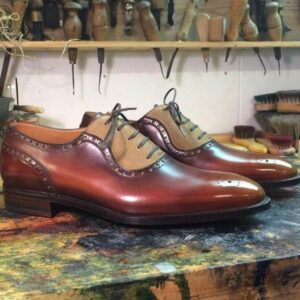 Handmade Beige Brown Leather Suede Brogue Shoe - leathersguru