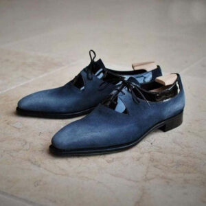 Handmade Navy Blue Patent Leather Suede Derby Shoes - leathersguru