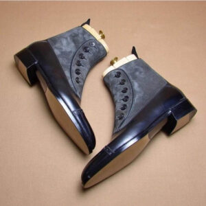 Handmade Men's Ankle Leather Suede Cap Toe Gray Black Button Top Boot - leathersguru