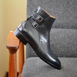 Handmade Men's Ankle High Black Leather Double Buckle Boot - leathersguru