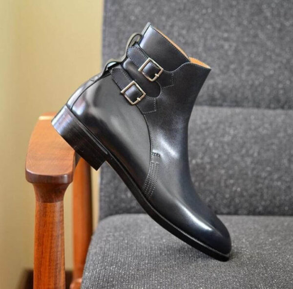 Handmade Men's Ankle High Black Leather Double Buckle Boot - leathersguru