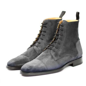 Handmade Men's Ankle High Gray Suede Cap Toe Lace Up Boot - leathersguru