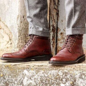 Handmade Men's Ankle High Brown Leather Wing Tip Lace Up Boot - leathersguru