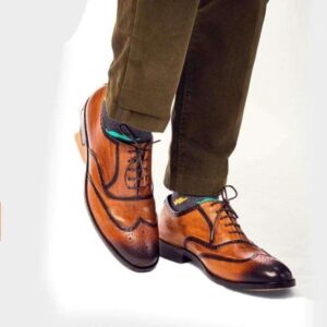 Men's Brown Tan Leather Lace Up Wing Tip Brogue Shoes - leathersguru