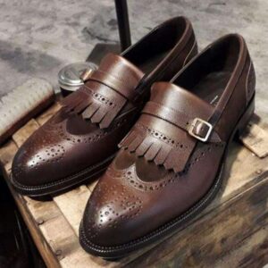 Men's Leather Suede Brown Monk Strap Wing Tip Brogue Fringe Shoes - leathersguru