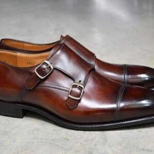 Handmade Men's Brown Leather Monk Strap Cap Toe Shoe - leathersguru